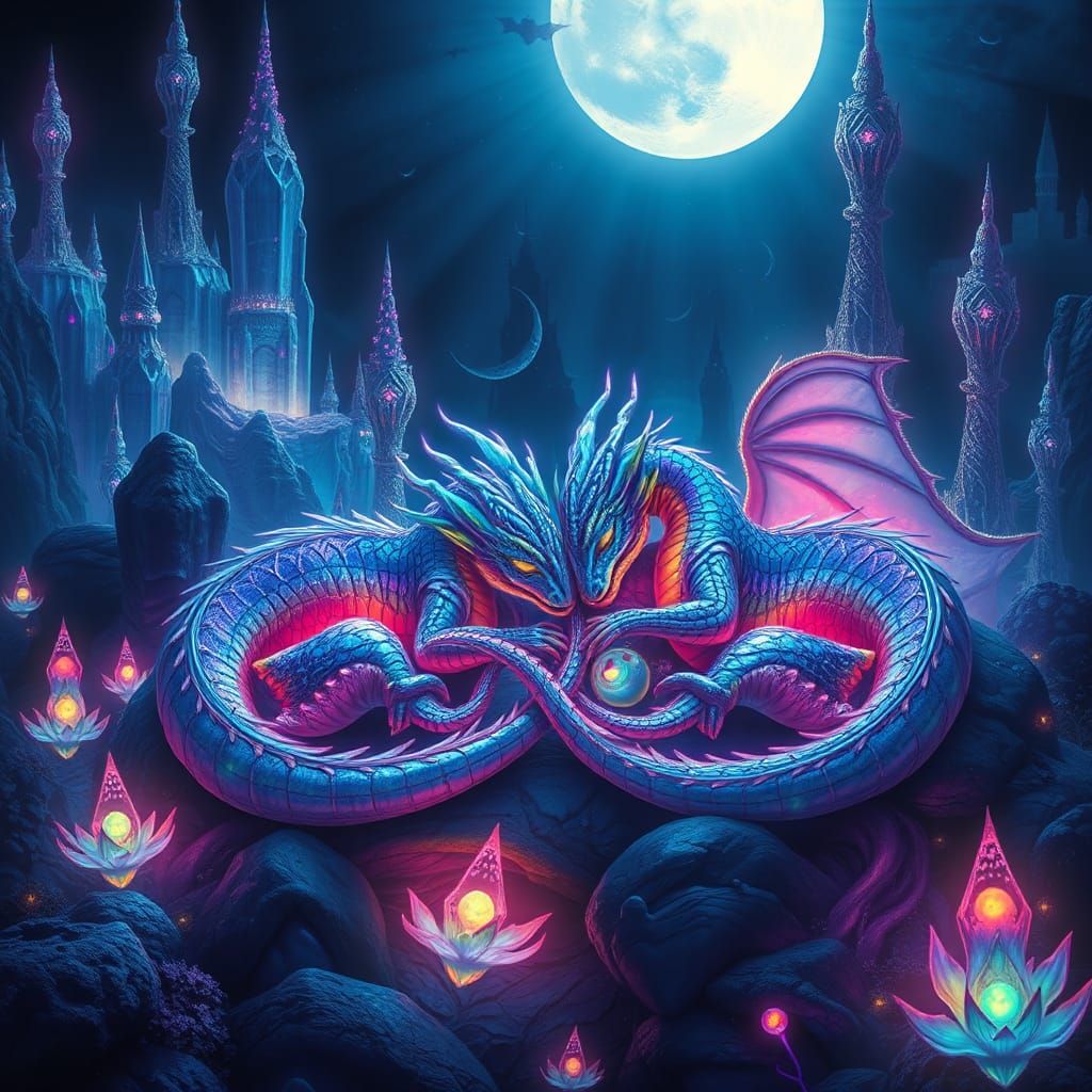 Iridescent Dragons in Bioluminescent Moonlit Realm