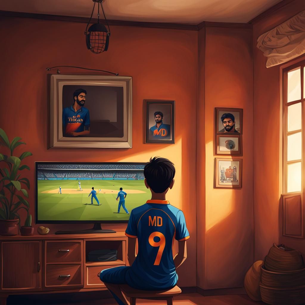 A 18-year-old boy is sitting in his room watching a Indian cricket match on TV. The boy's name is "Rajput M.S.D"
The boy...