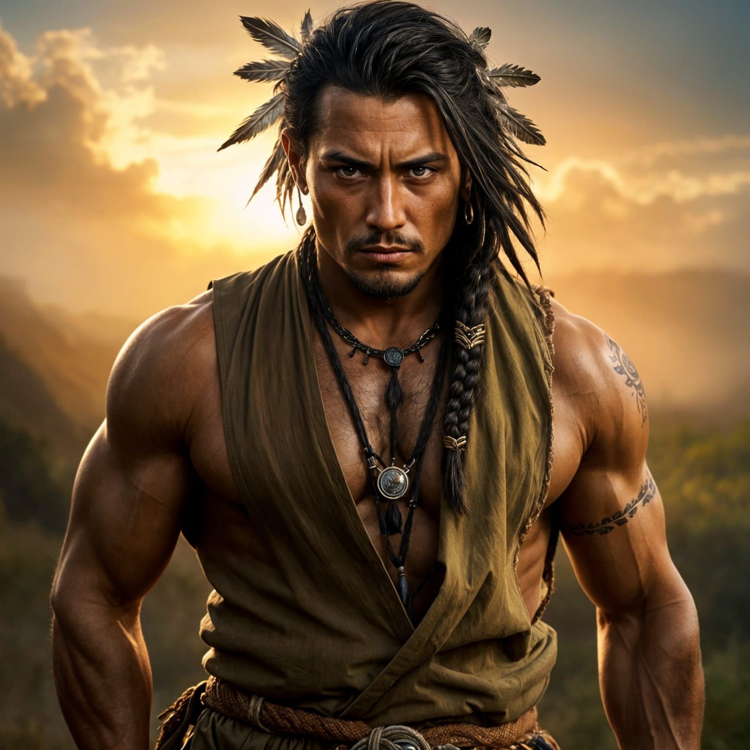 Strong Native American Warrior in Earthy Landscapes