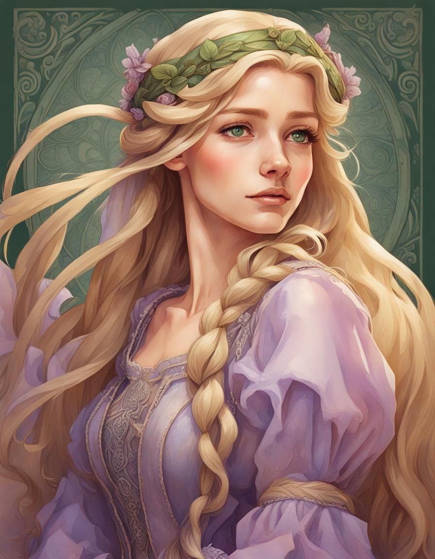 Rapunzel in Art Nouveau Watercolour Style