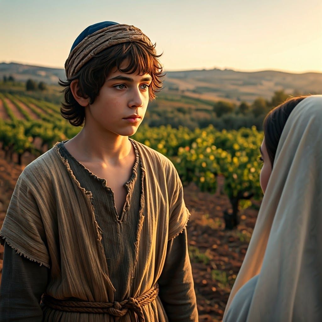Golden-Hour Scene of Jewish Youth in Vineyard
