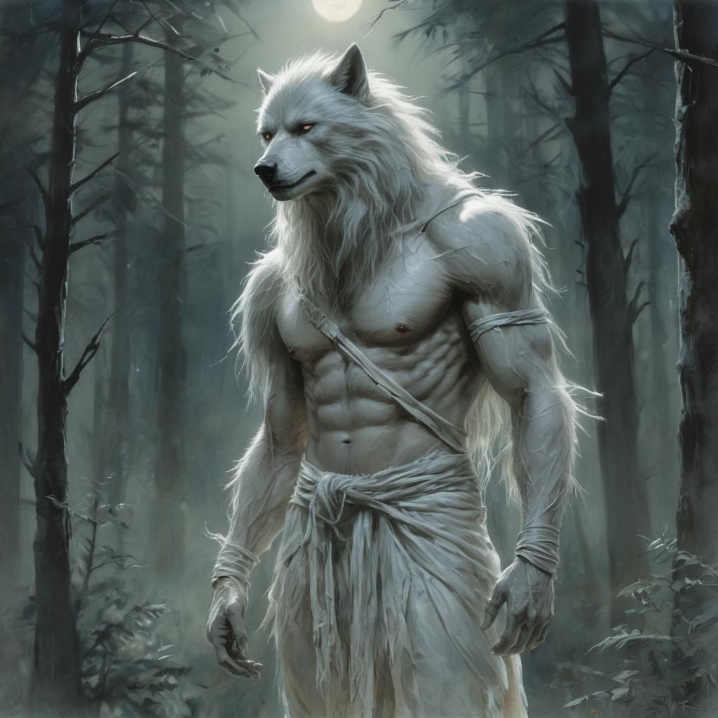 watercolor sketch white werewolf Luis Royo bandages erotical...