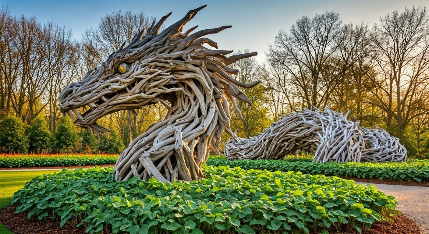 Majestic Driftwood Dragon in Serene Public Garden