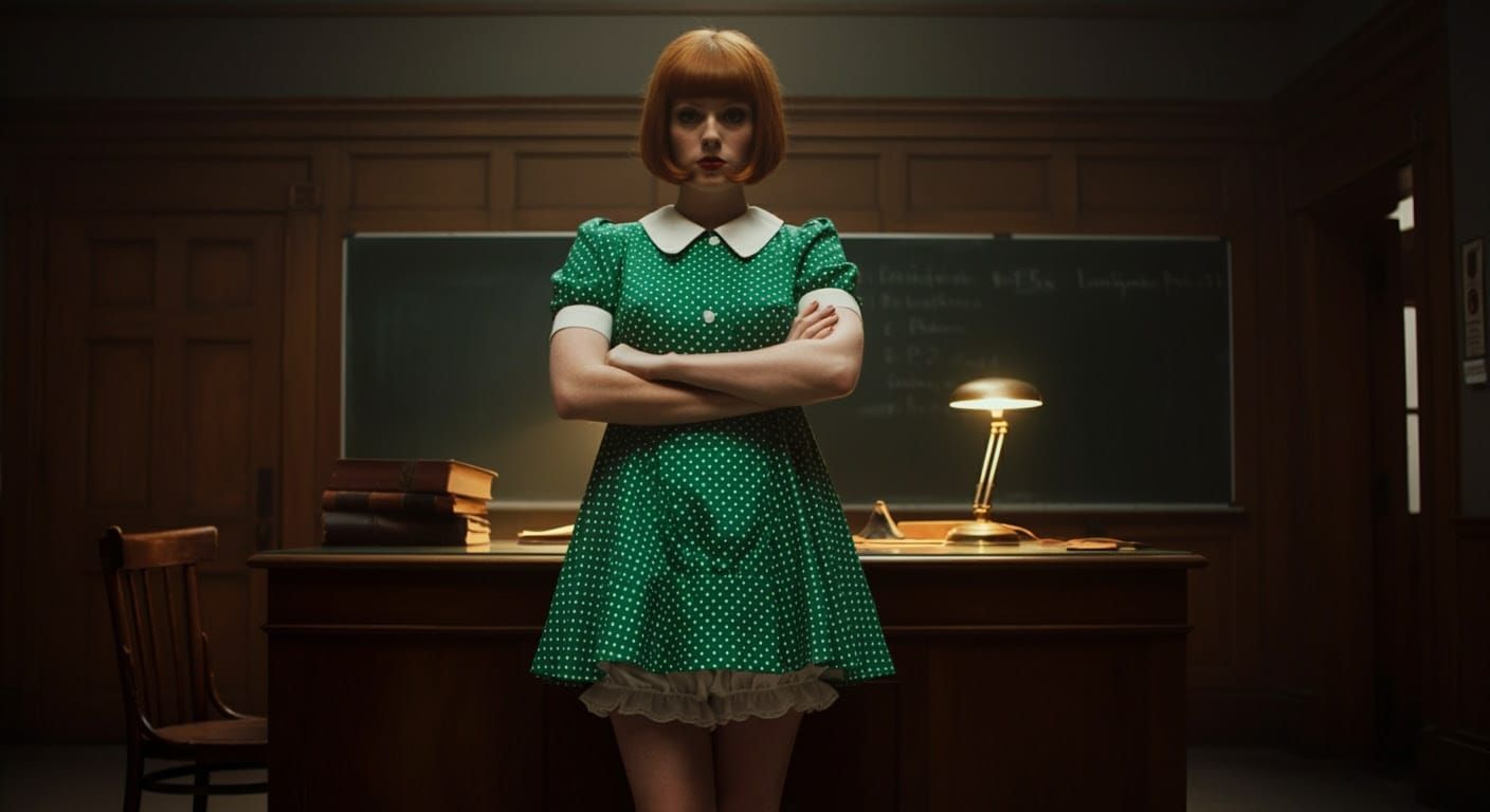 Elegant 1960s Schoolgirl in Electric Green Polka Dot Dress