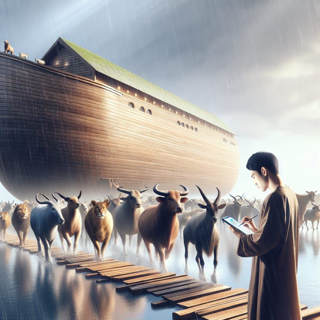 Animals Boarding Noah's Ark in Gentle Rain