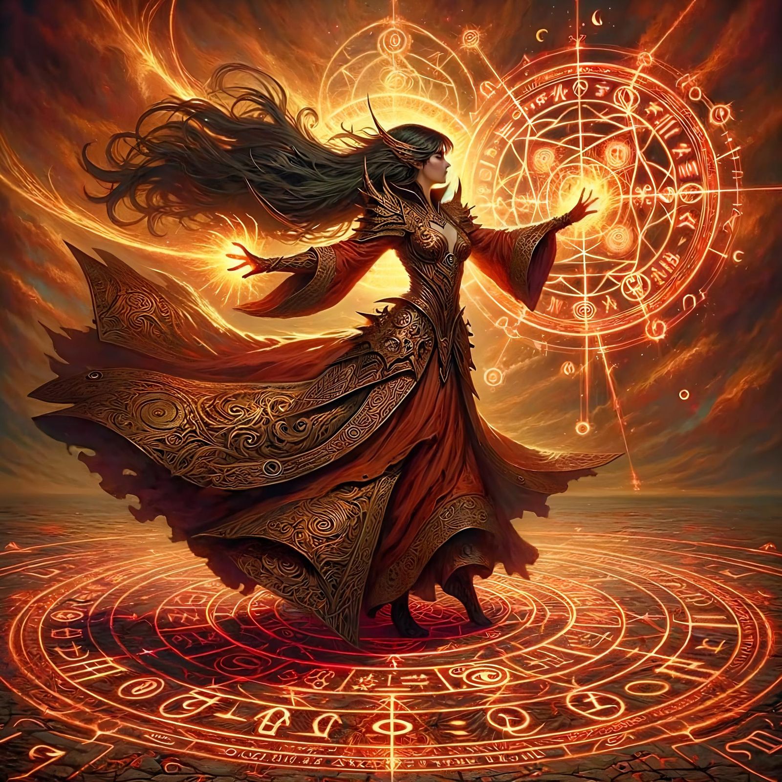 Female Mage Casting Spell in Red Magical Circle