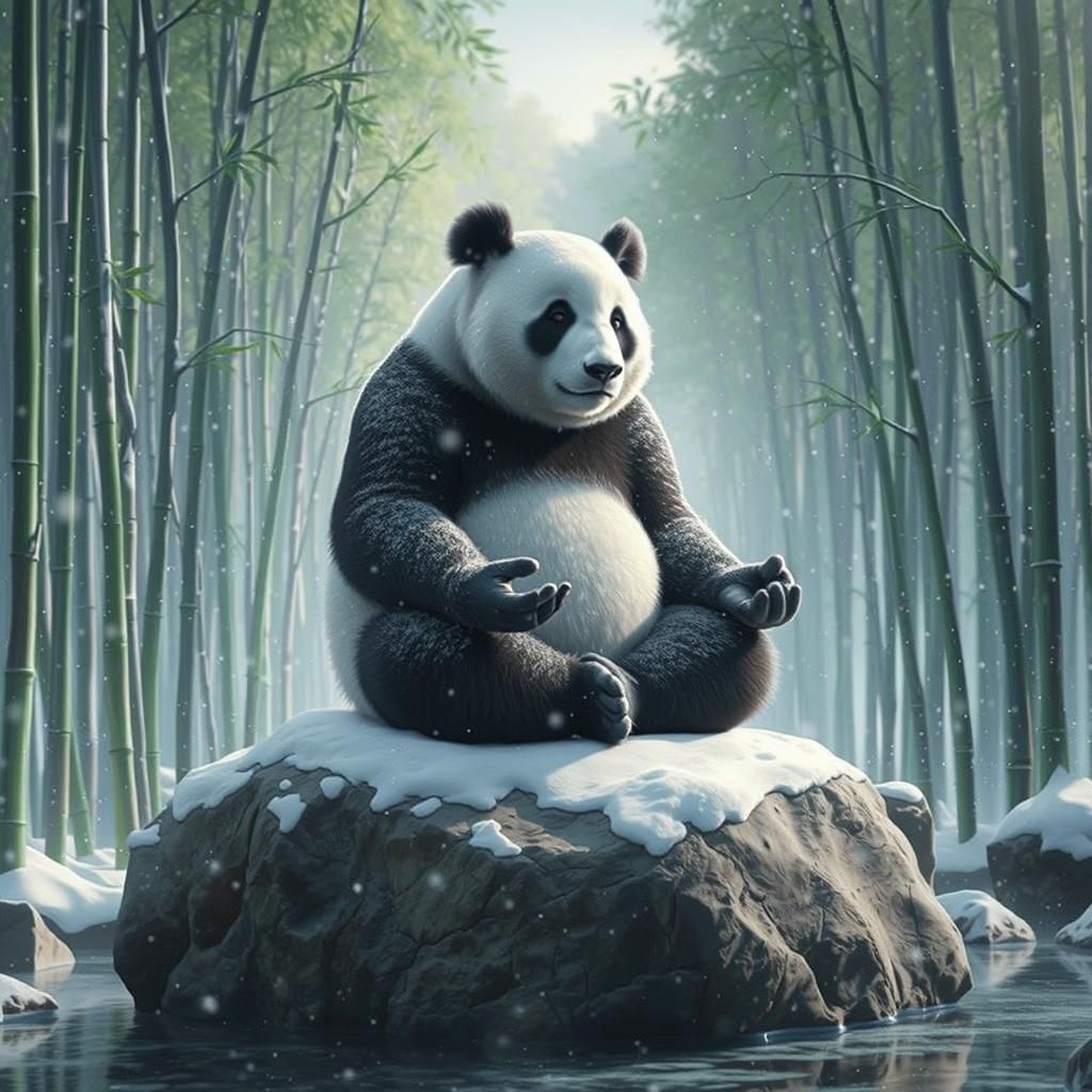 Meditating Panda in Snowy Bamboo Forest
