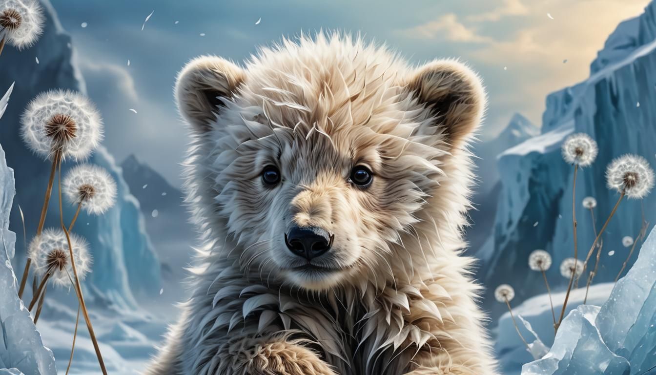 Adorable Polar Bear Cub in Dandelion, Digital Art