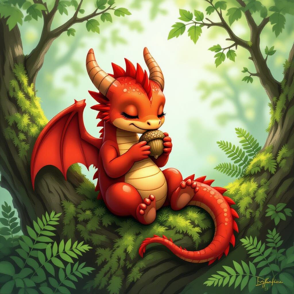 Adorable Baby Dragon Eats Acorn on Mossy Branch