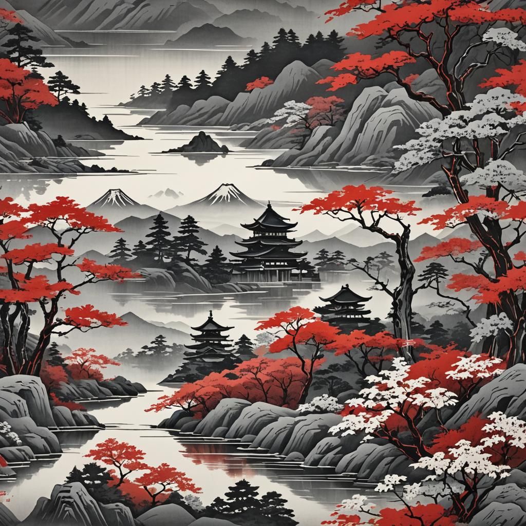 Japanese Landscape in Woodblock Print Style