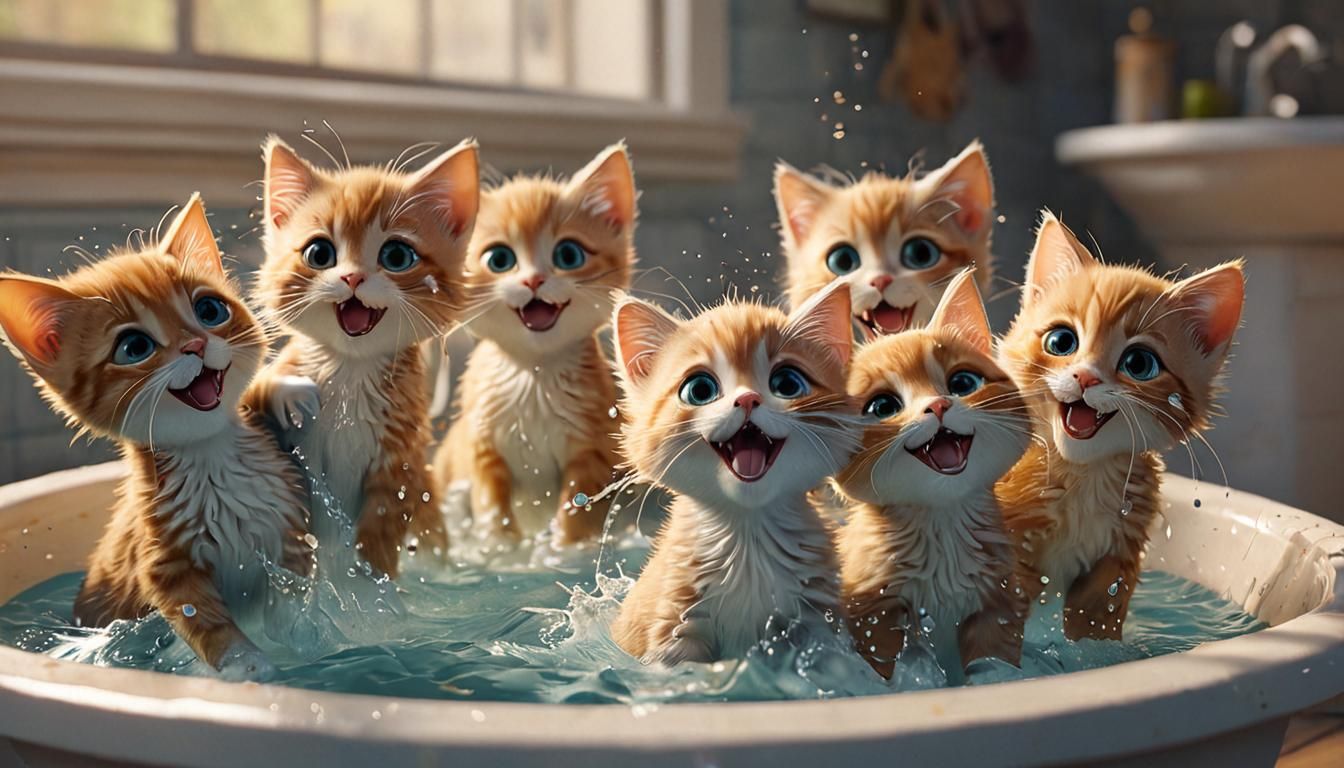 Anthropomorphic Kittens Joyfully Splashing in Bathtub
