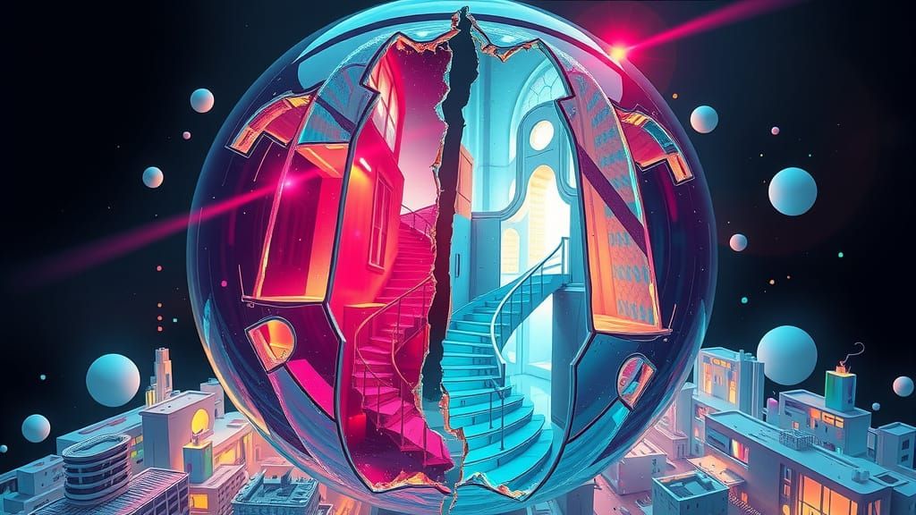 Surreal Cityscape Bursting from Fractured Bubble