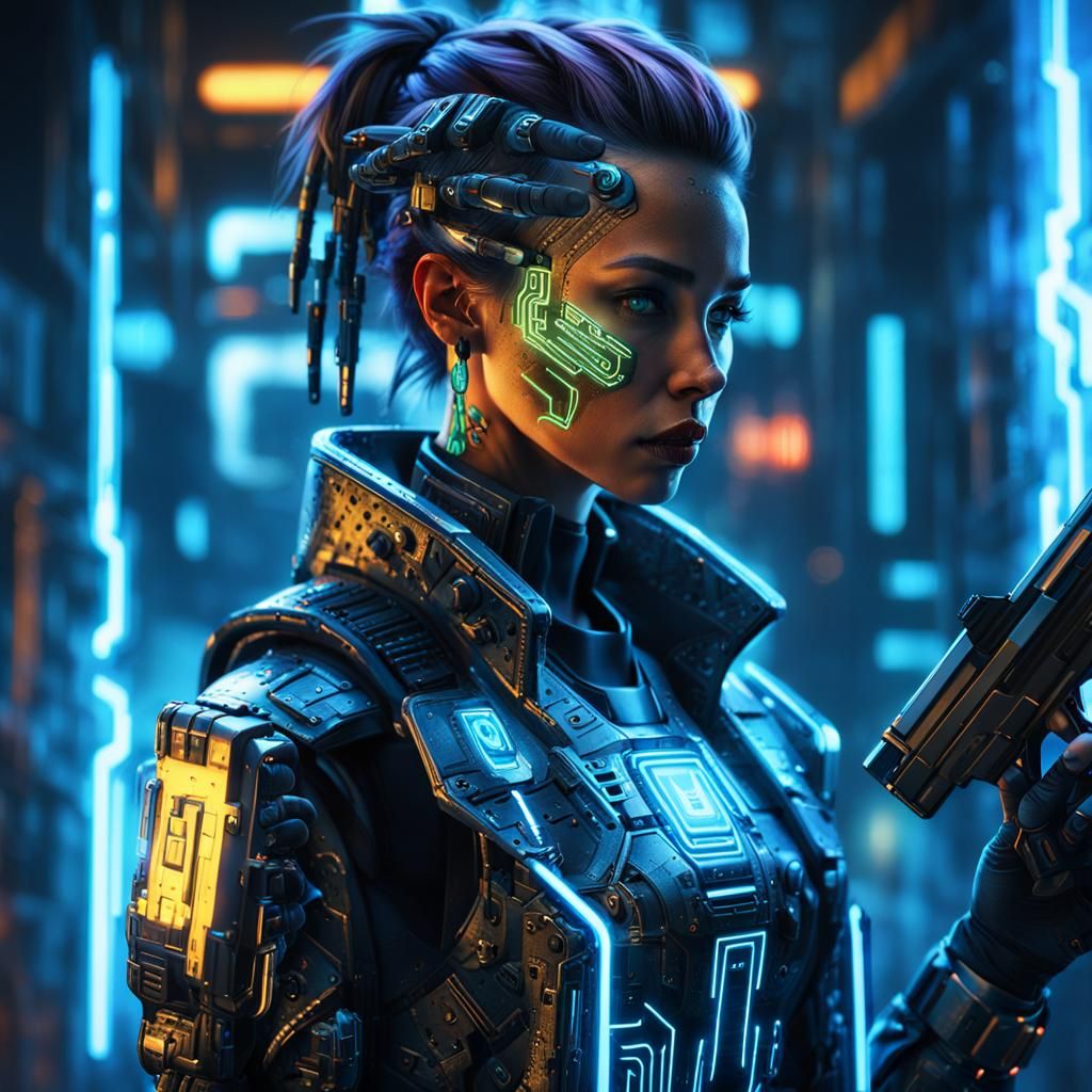 Cyberpunk Woman with Glowing Circuits in Neon City