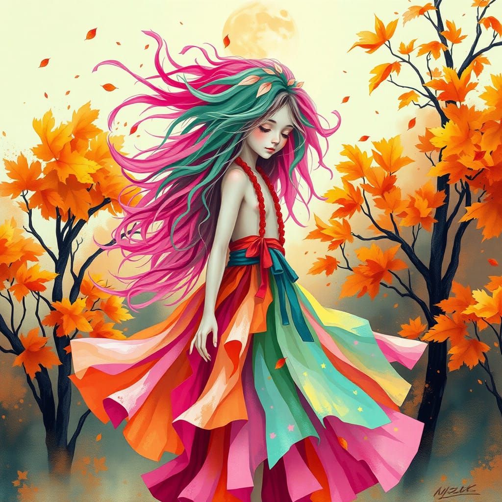 Whimsical Girl in Vibrant Autumn Woods