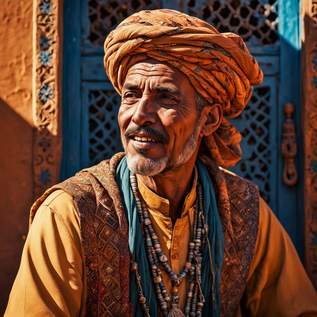 Gnawa Musician in Moroccan Sunlight, Vibrant Concept Art