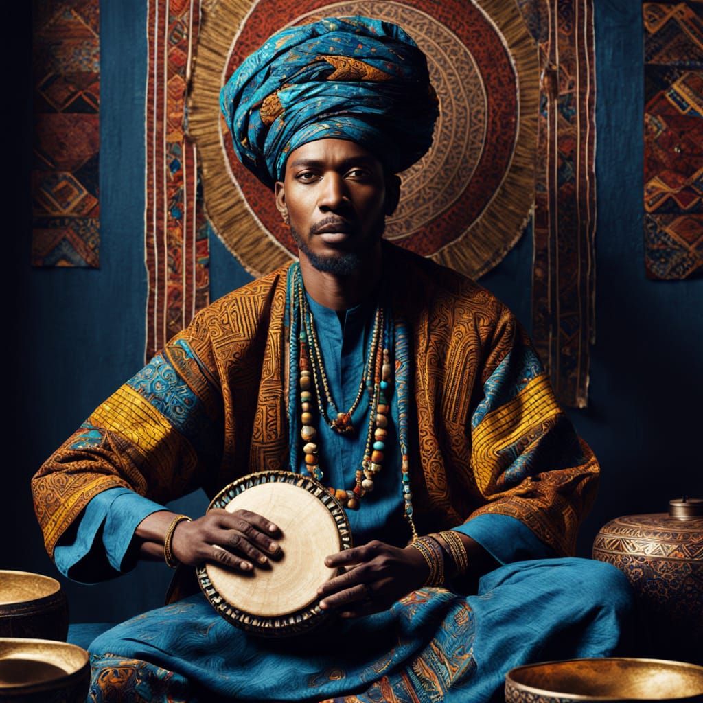 Gnawa Musician in Vibrant Afro-Futurism