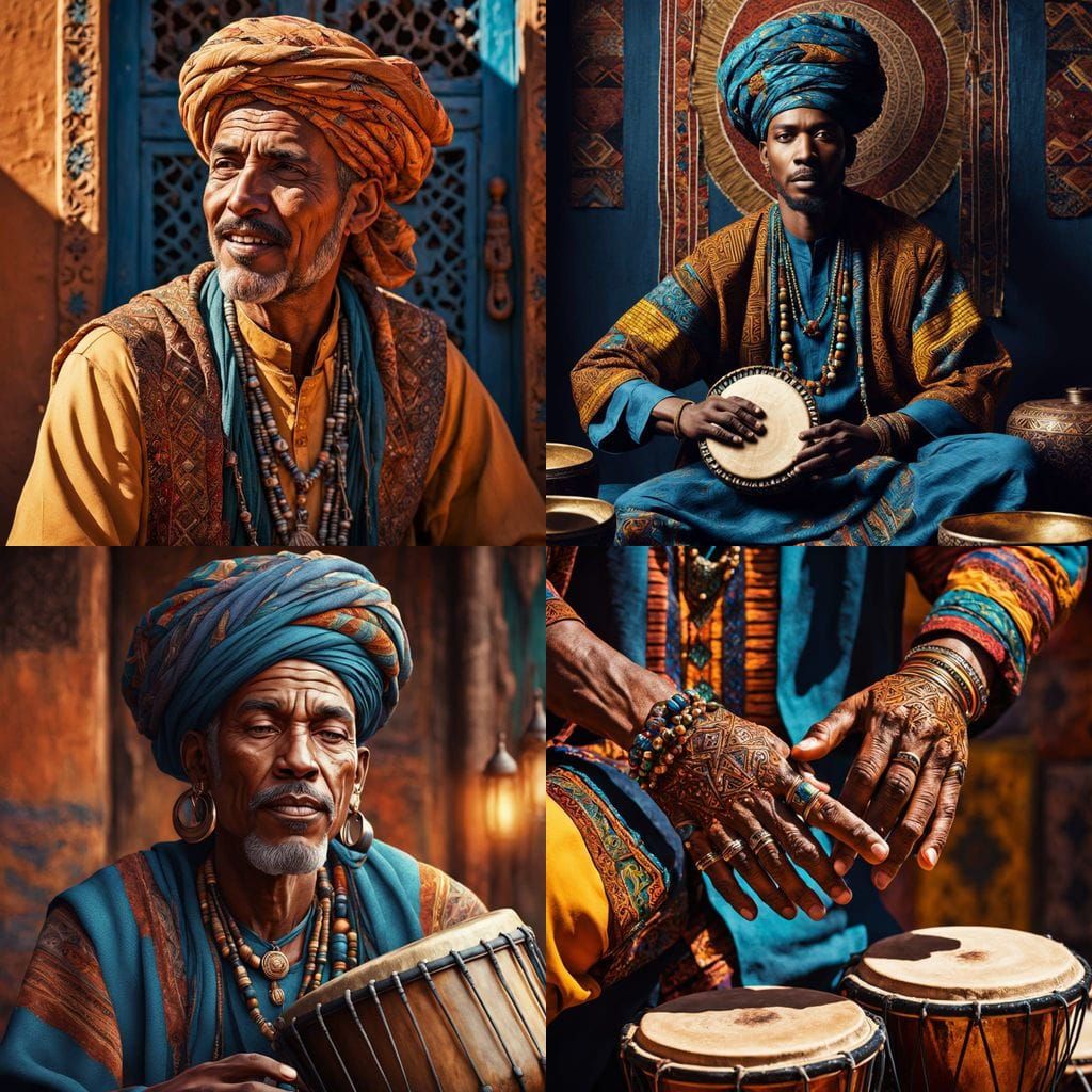 Gnawa Maroc Percussionist in Vibrant, Hyperrealistic Art