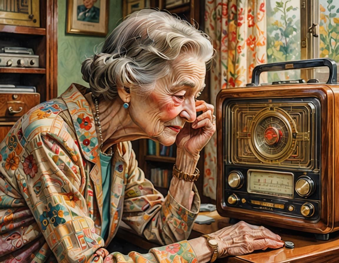 Dreamy Lady Listens to Radio: Art Deco Watercolor