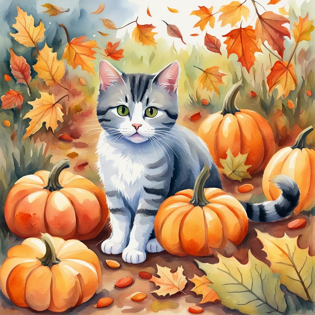 Cute Cat in Fall Leaves: Watercolor Gouache Illustration
