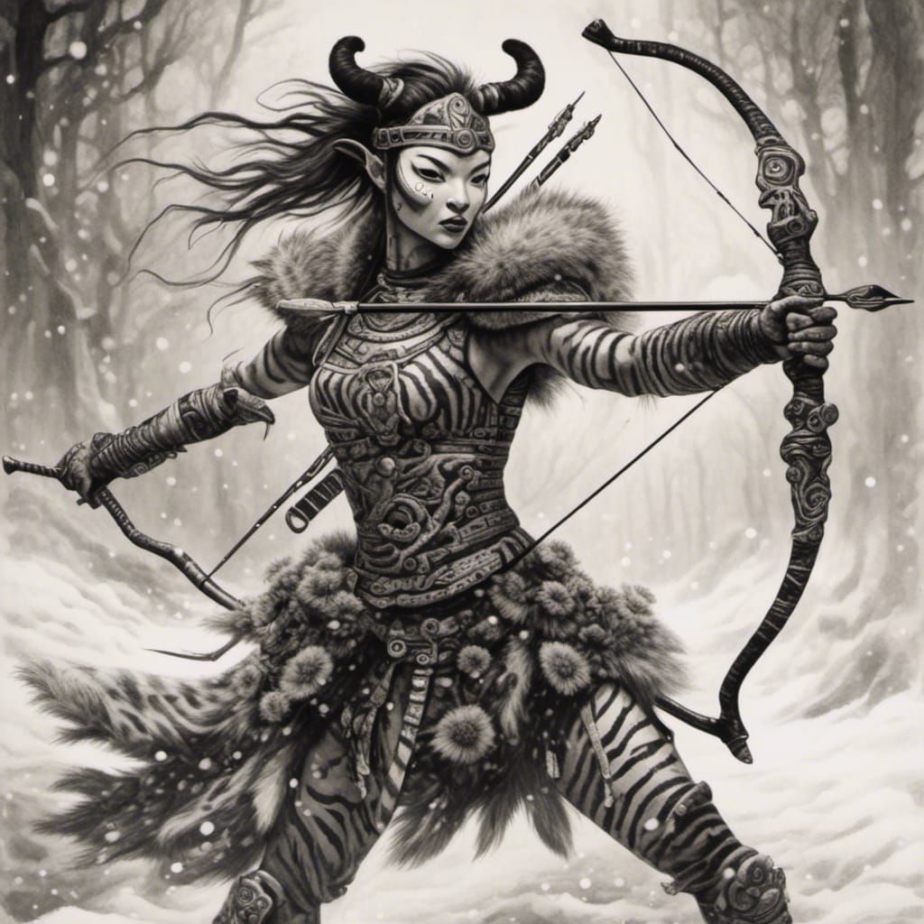 Viking Archer: Maximalist Chinese Ink Cyberpunk Painting