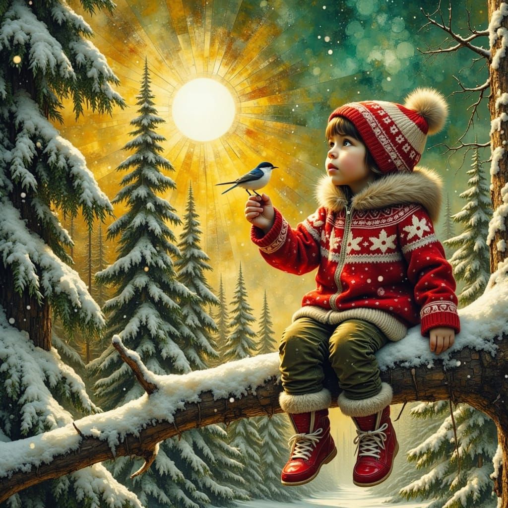 Girl and Kitten in Snowy Forest with Sunshine