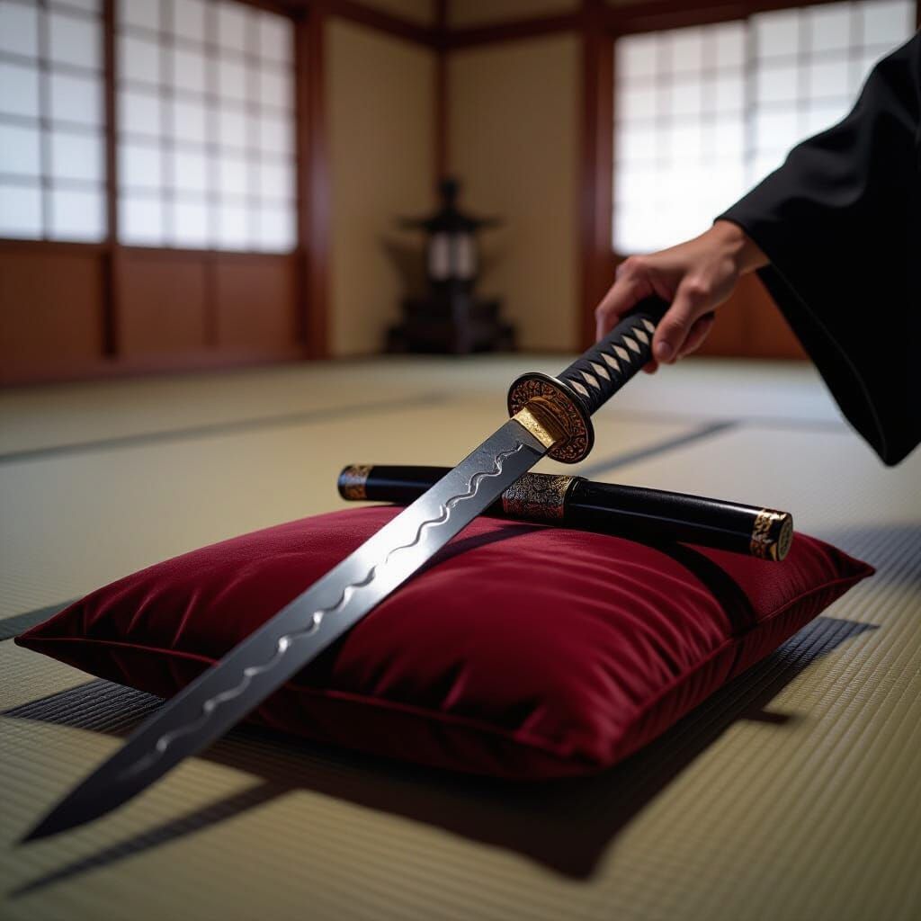 Gleaming Katana on Cushion in Dim Tatami Room