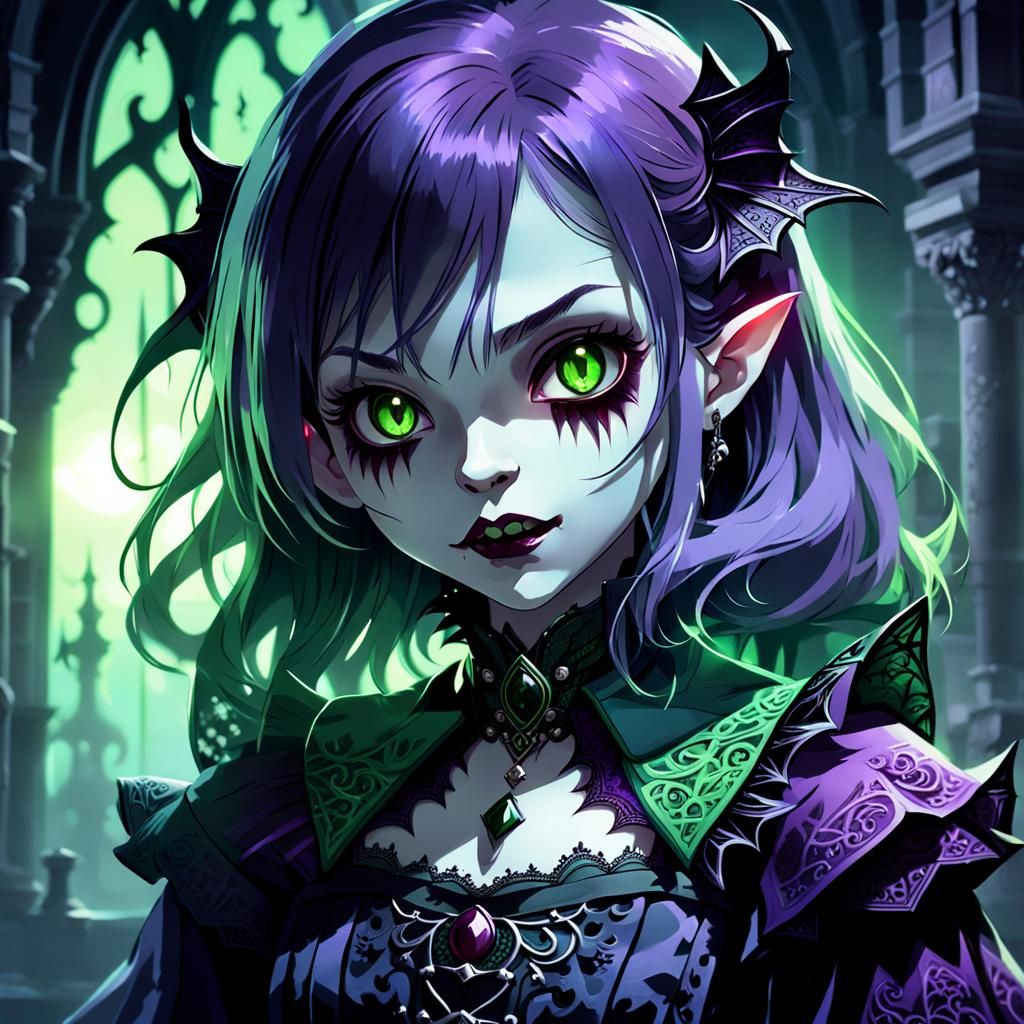 A cute anime female vampire with evil expression and dark au...