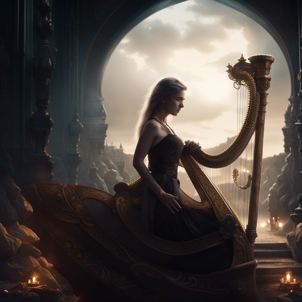 Dark Beauty Plays Harp: Epic Digital Matte Painting