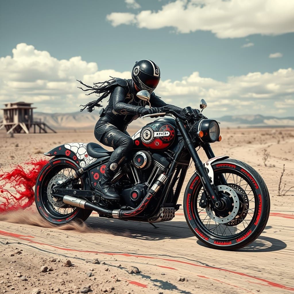A steampunk Rorschach motorcycle, its frame constructed from intricate ink blots in shades of black, white, and crimson,...