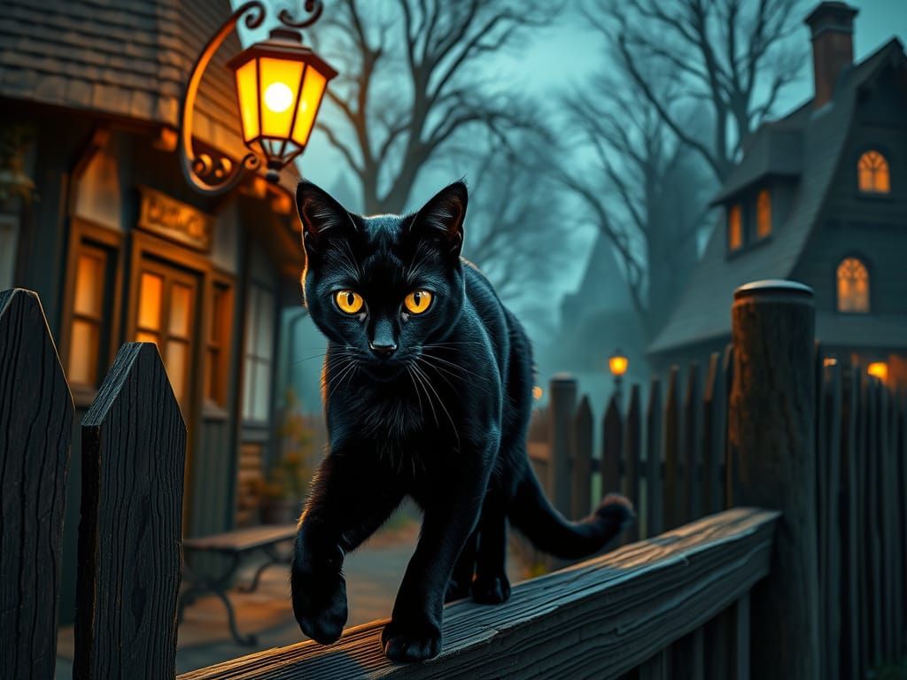 Black Cat Witch on Fence in Dark Fantasy Comic Style