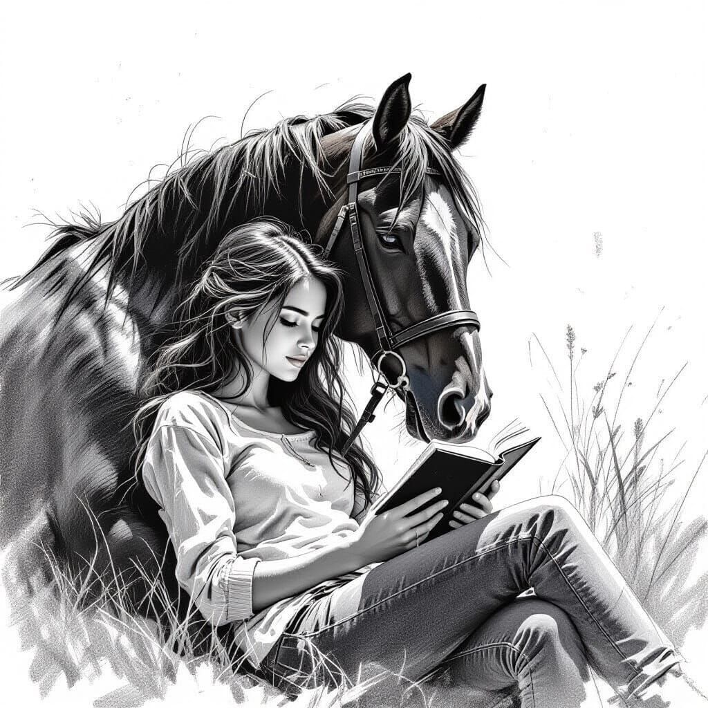 Girl Reading with Horse in Pencil and Watercolor