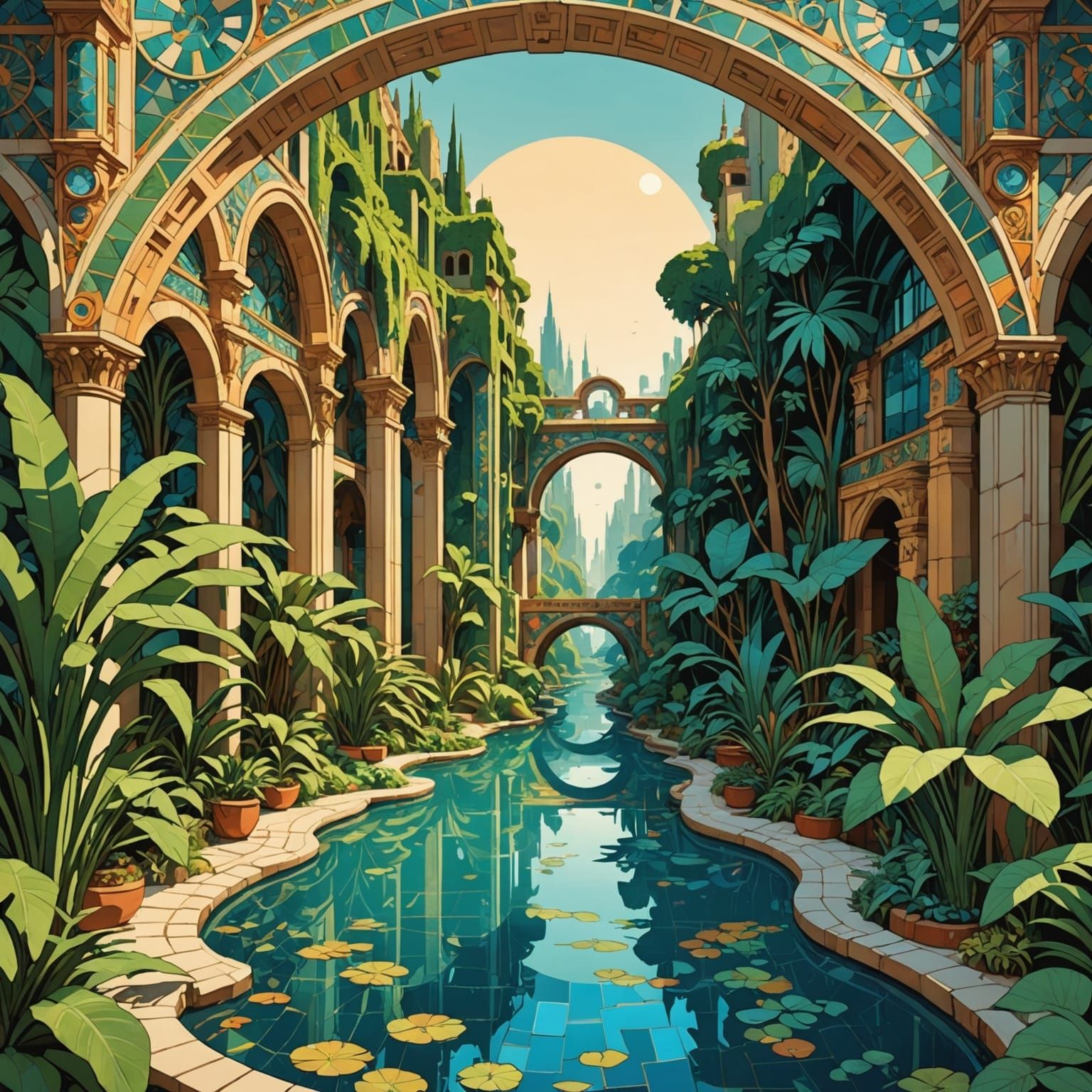 Futuristic Oasis in Metropolis as Vintage Travel Poster