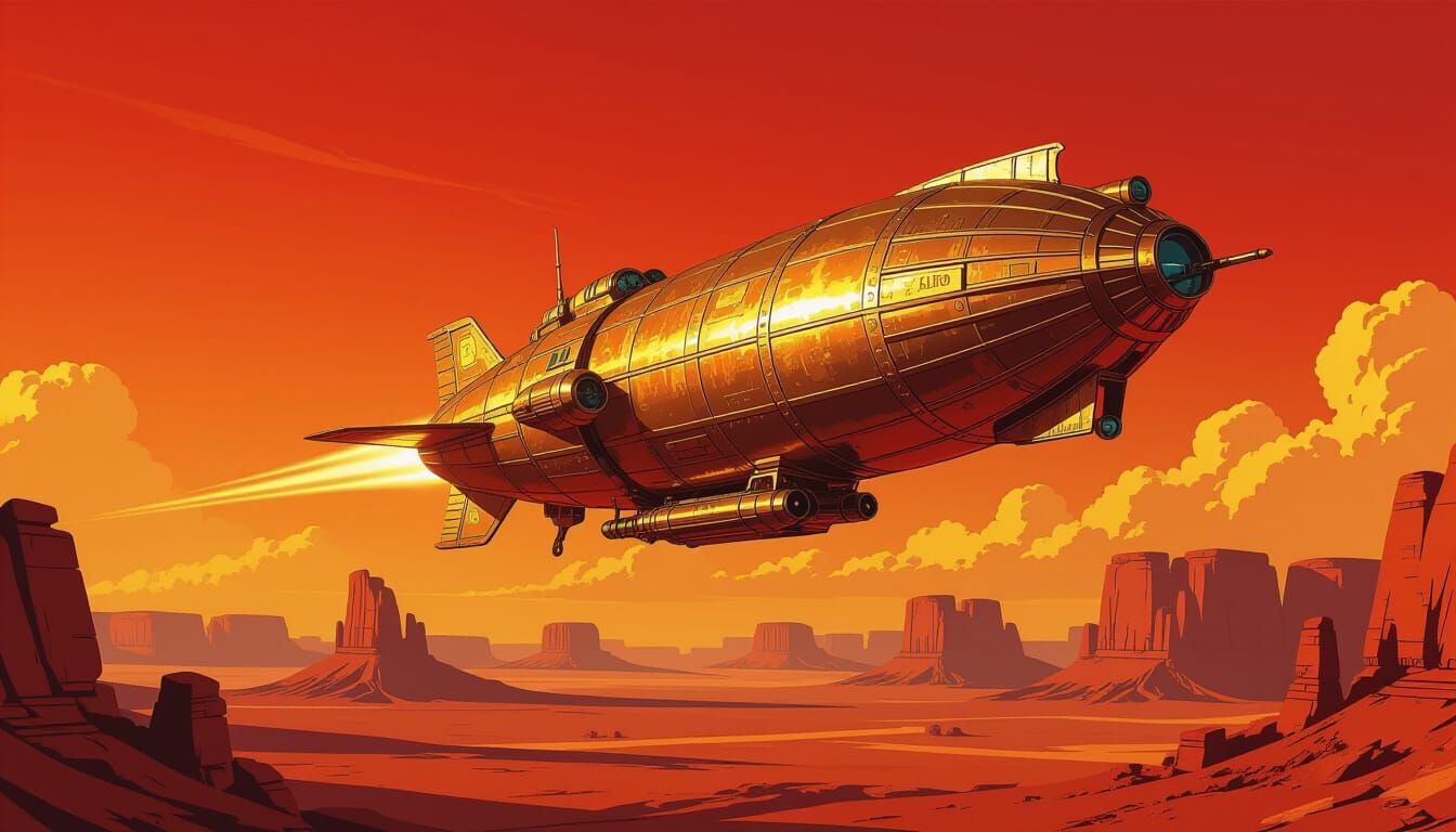 Steampunk Airship Soaring Over Desert Ruins