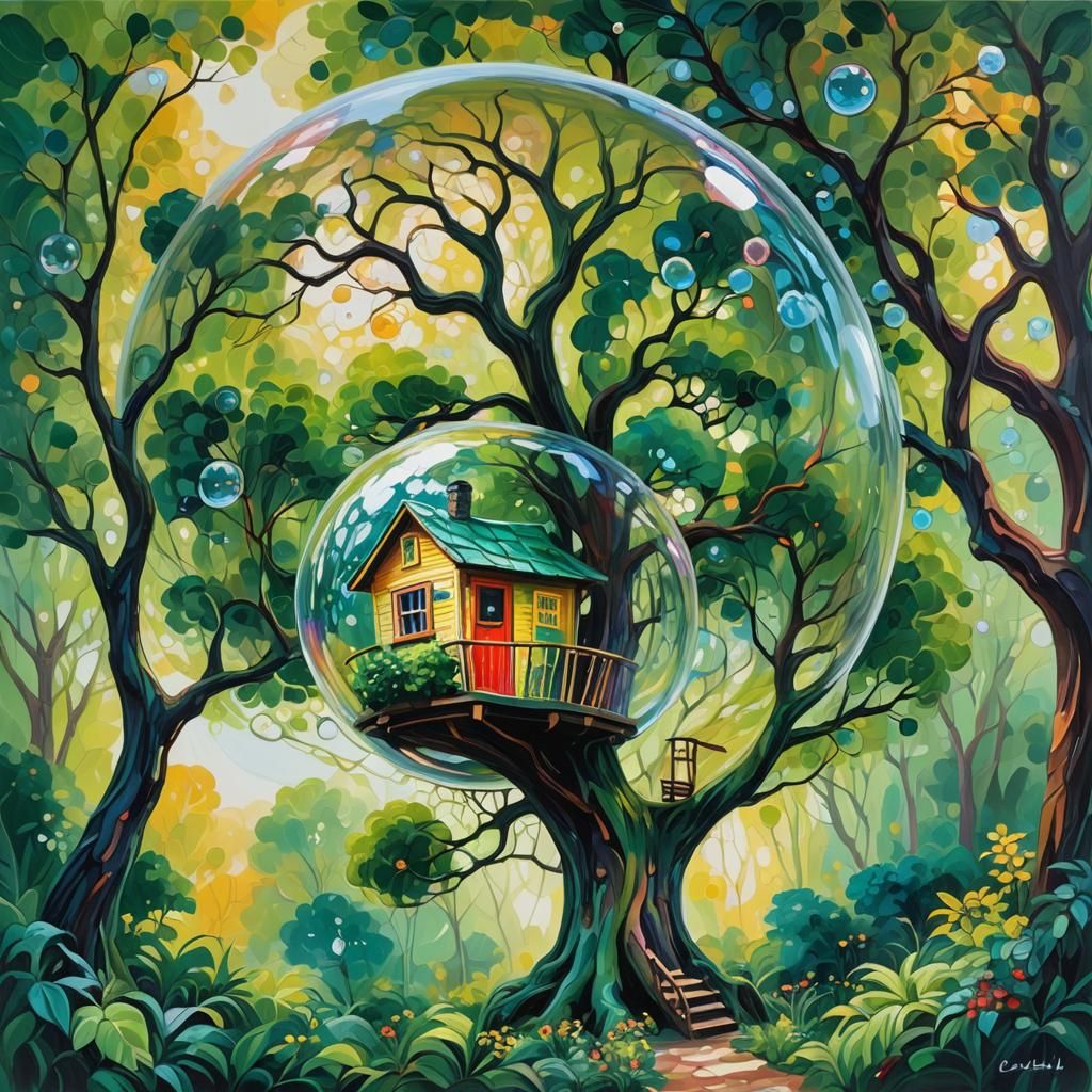 Bubble Treehouse in Expressionist Impasto Oil Painting
