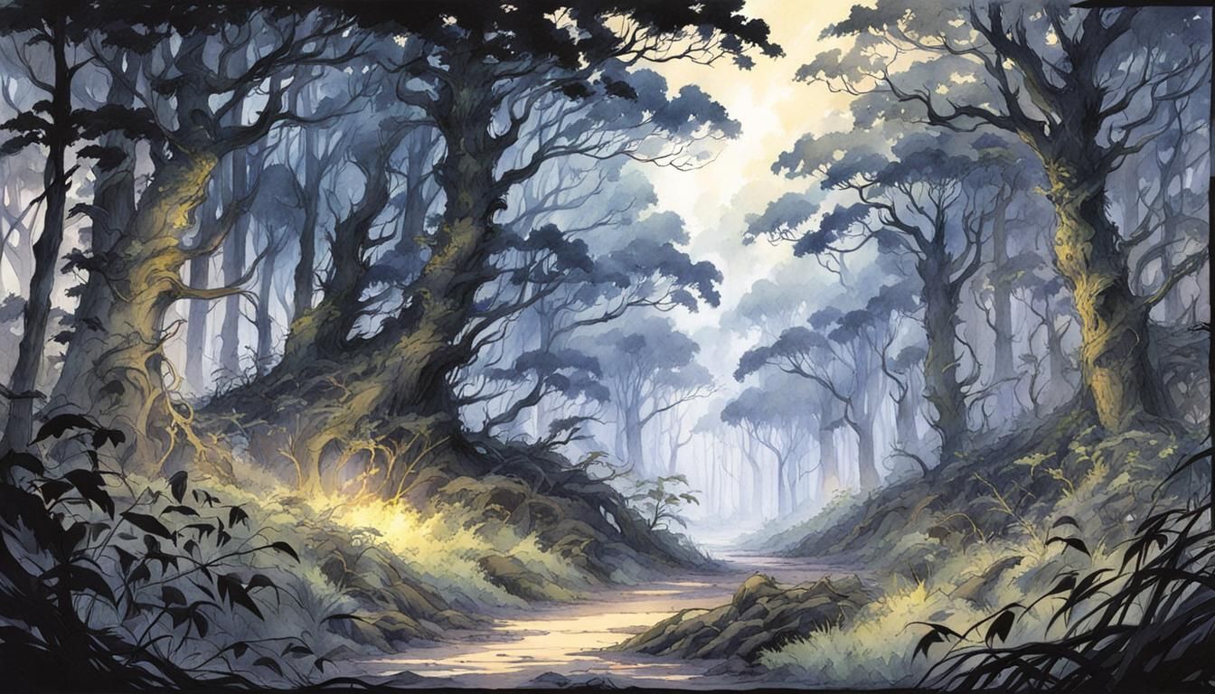 Ominous Forest Landscape in Anime Watercolor Style