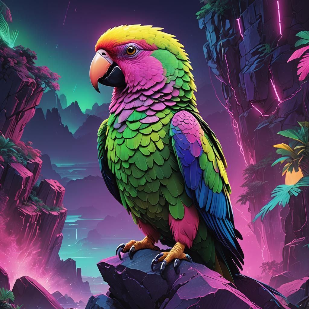 Neon Synthwave Parrot in Retro 80s Style