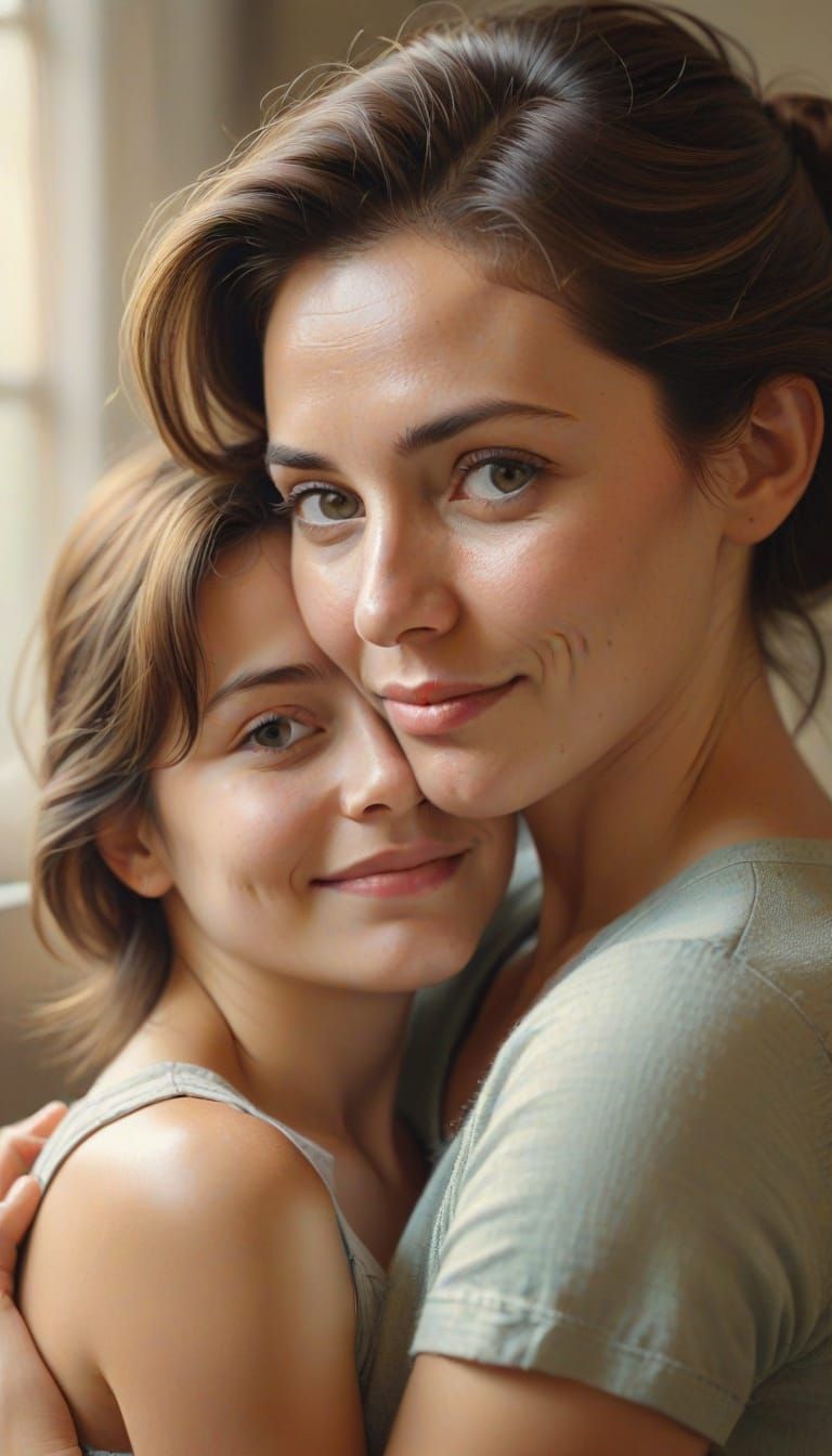 Mother's Tender Moment in Warm Oil Painting Style