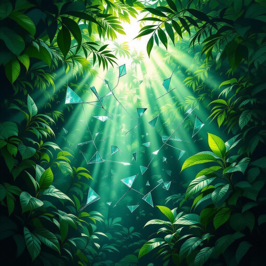 Broken Glass in Jungle Canopy, Hyperrealistic Digital Painti...