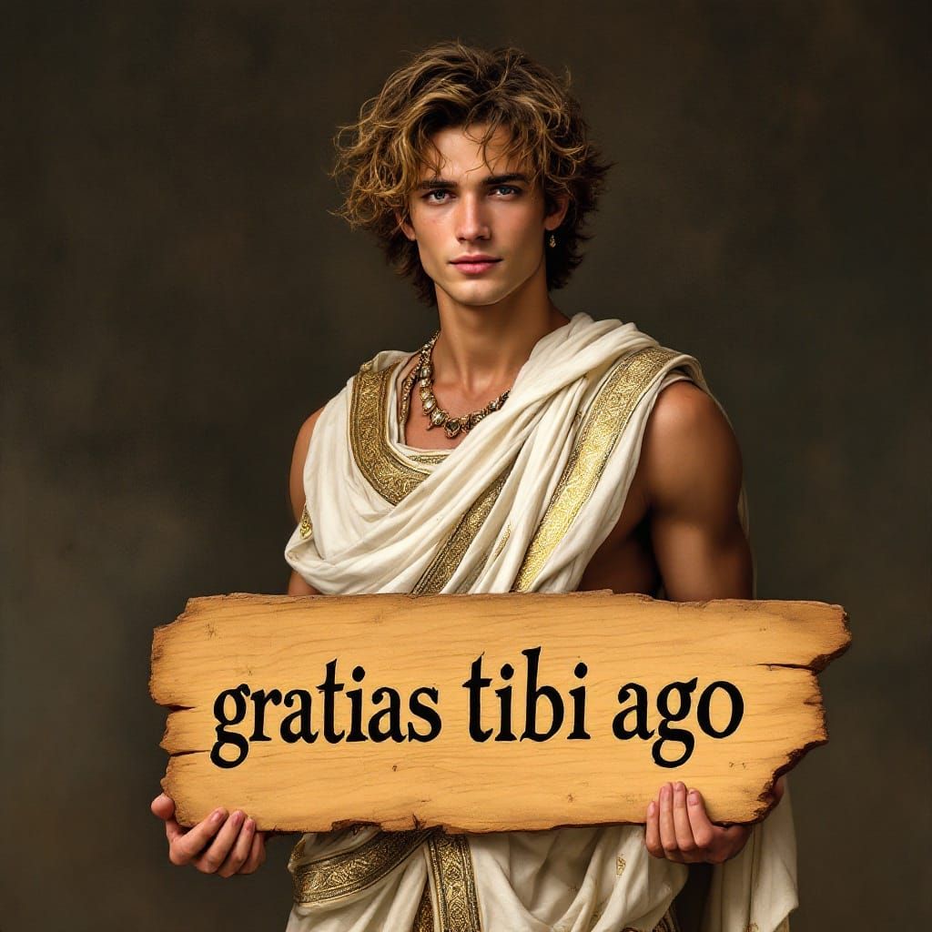 Handsome Young Roman in Ornate Toga, Holding Sign with Latin...