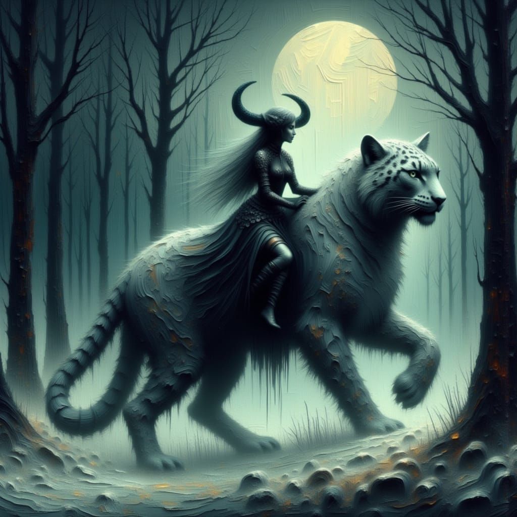 Woman Riding Leopard in Mystical Forest