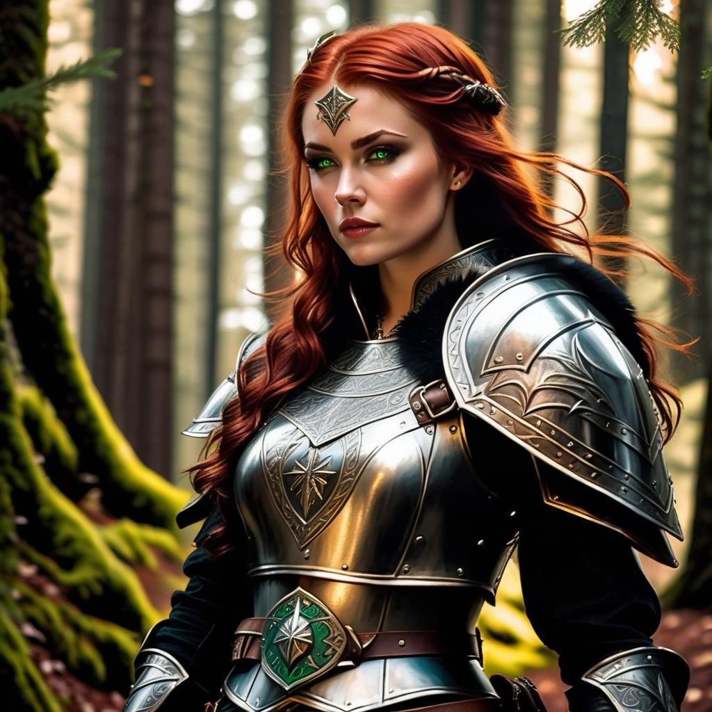 human female, Large Bosom, flawless features, soft face, smooth jawline, warrior priestess of Sigmar, red hair, intricat...