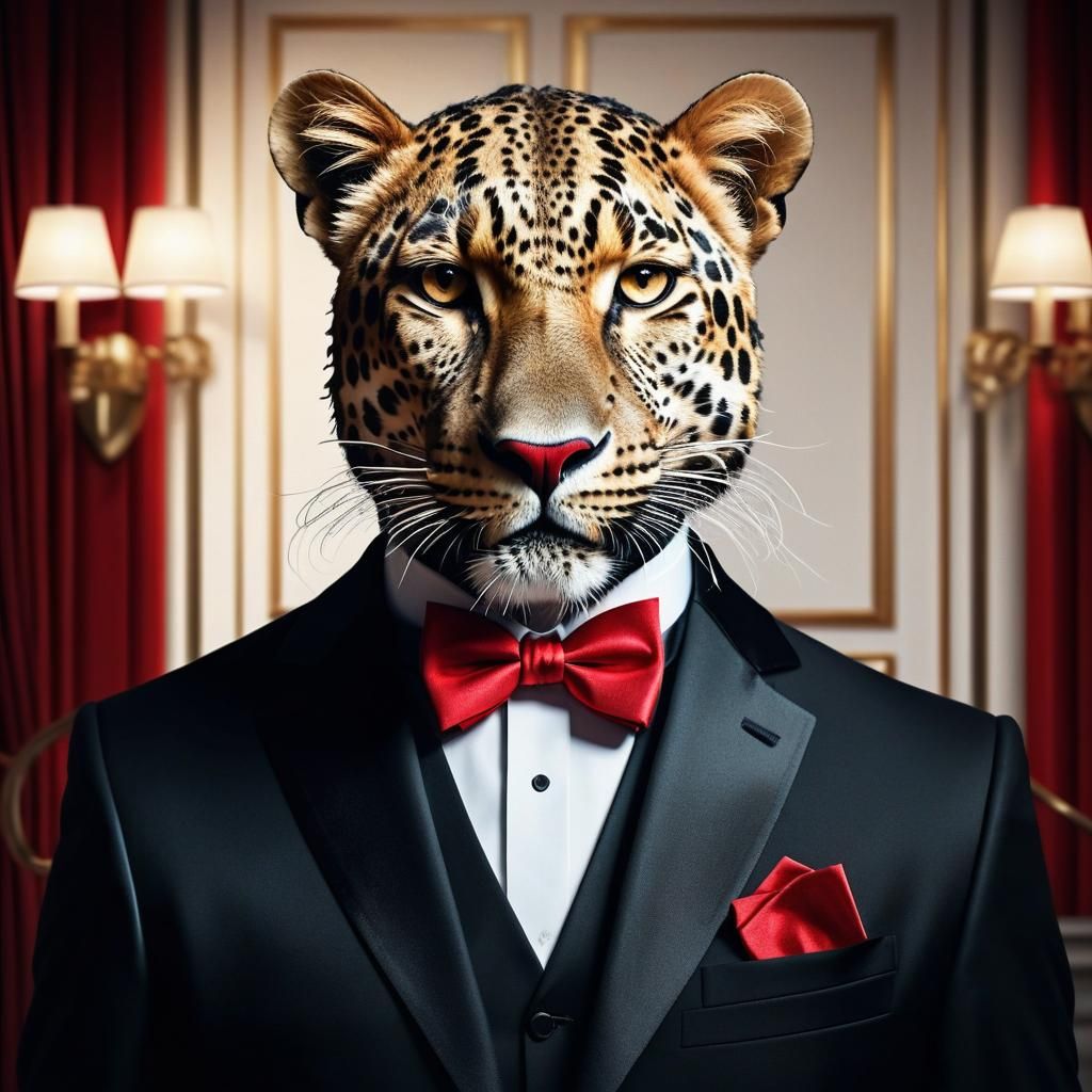 Butler and Leopard in Hyperrealistic Splash Art