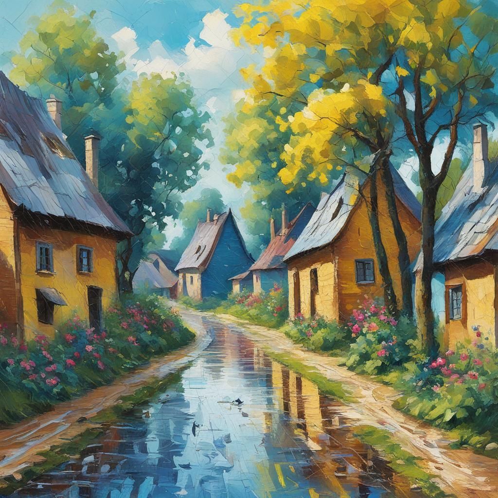 Impressionist Village Street After Rain