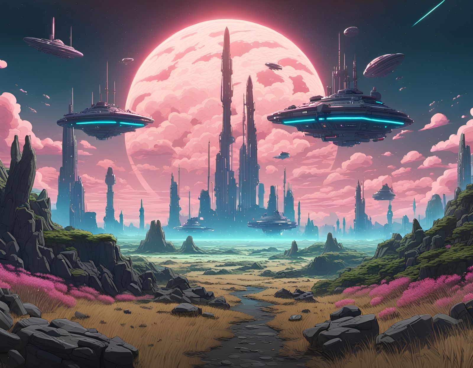 Science Fiction Landscape with Spaceships in Synthwave Style