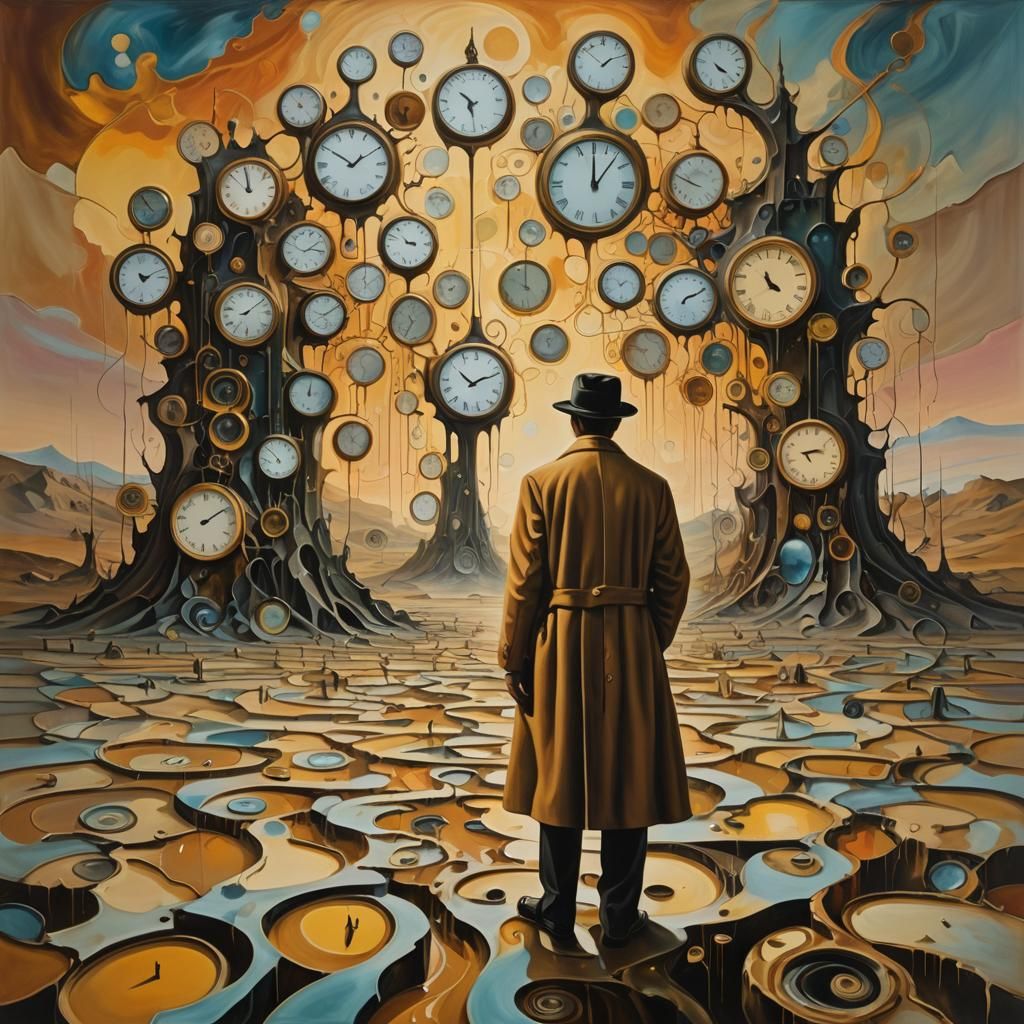 Surreal Figure in Desolate Landscape with Melting Clocks