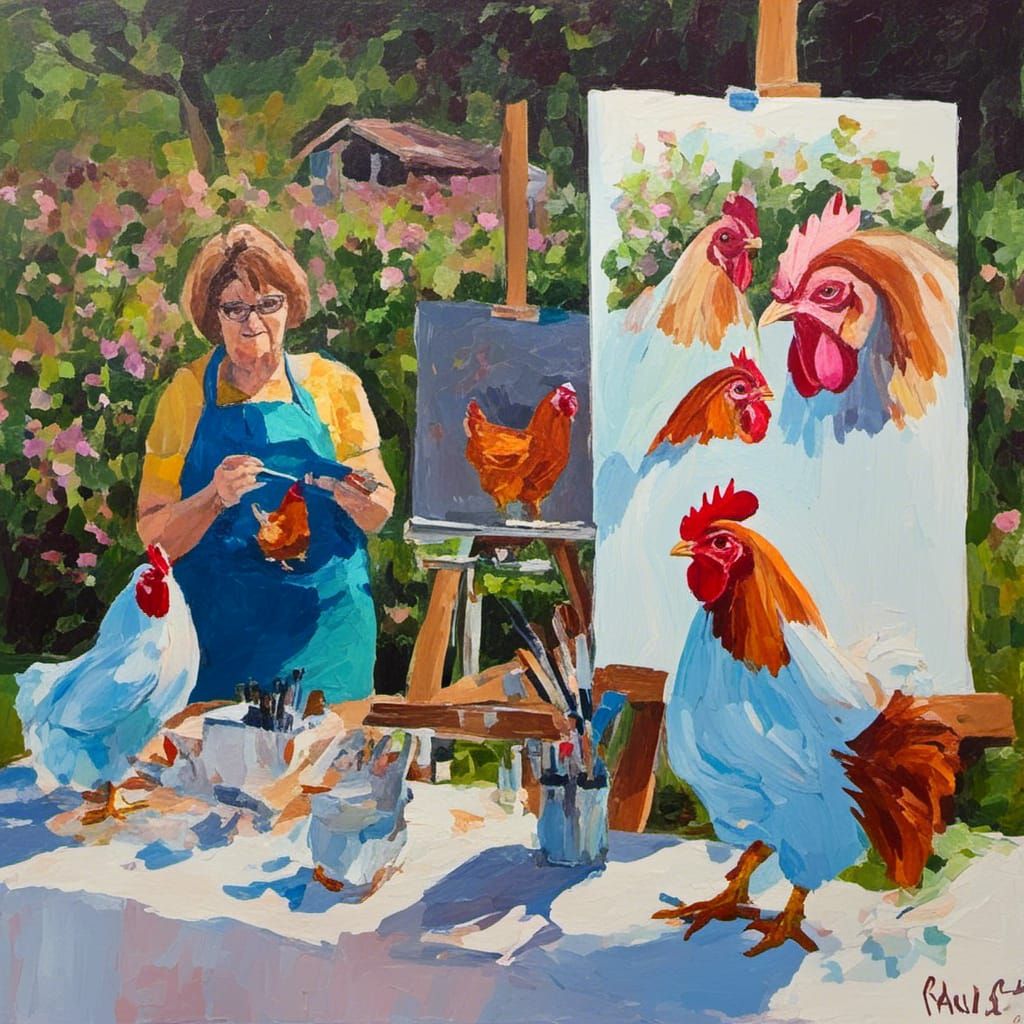 Woman Painting Chicken Portraits: Digital Art