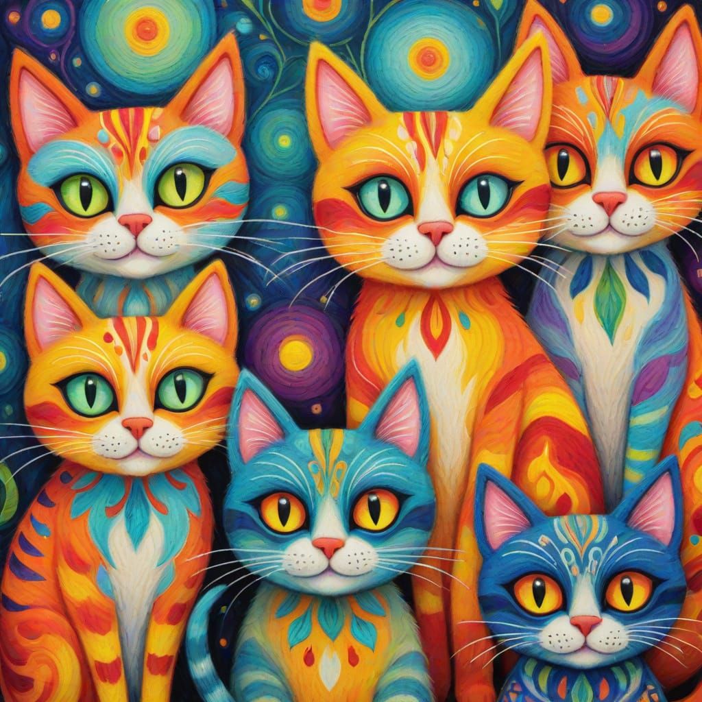 Whimsical Folk Art: Wide-Eyed Cats in Cartoon Style