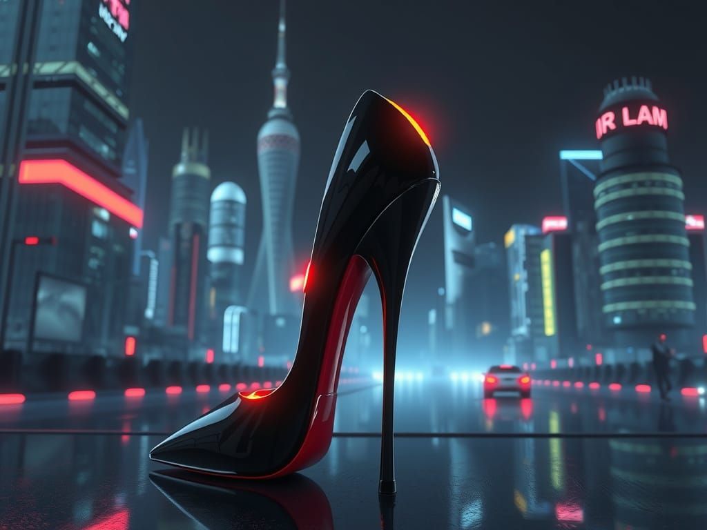 Obsidian Stiletto Heel in Cyberpunk Cityscape