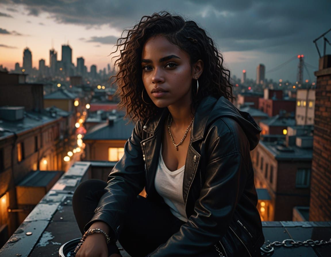 Dominican Woman Overlooking Metropolis in Digital Art