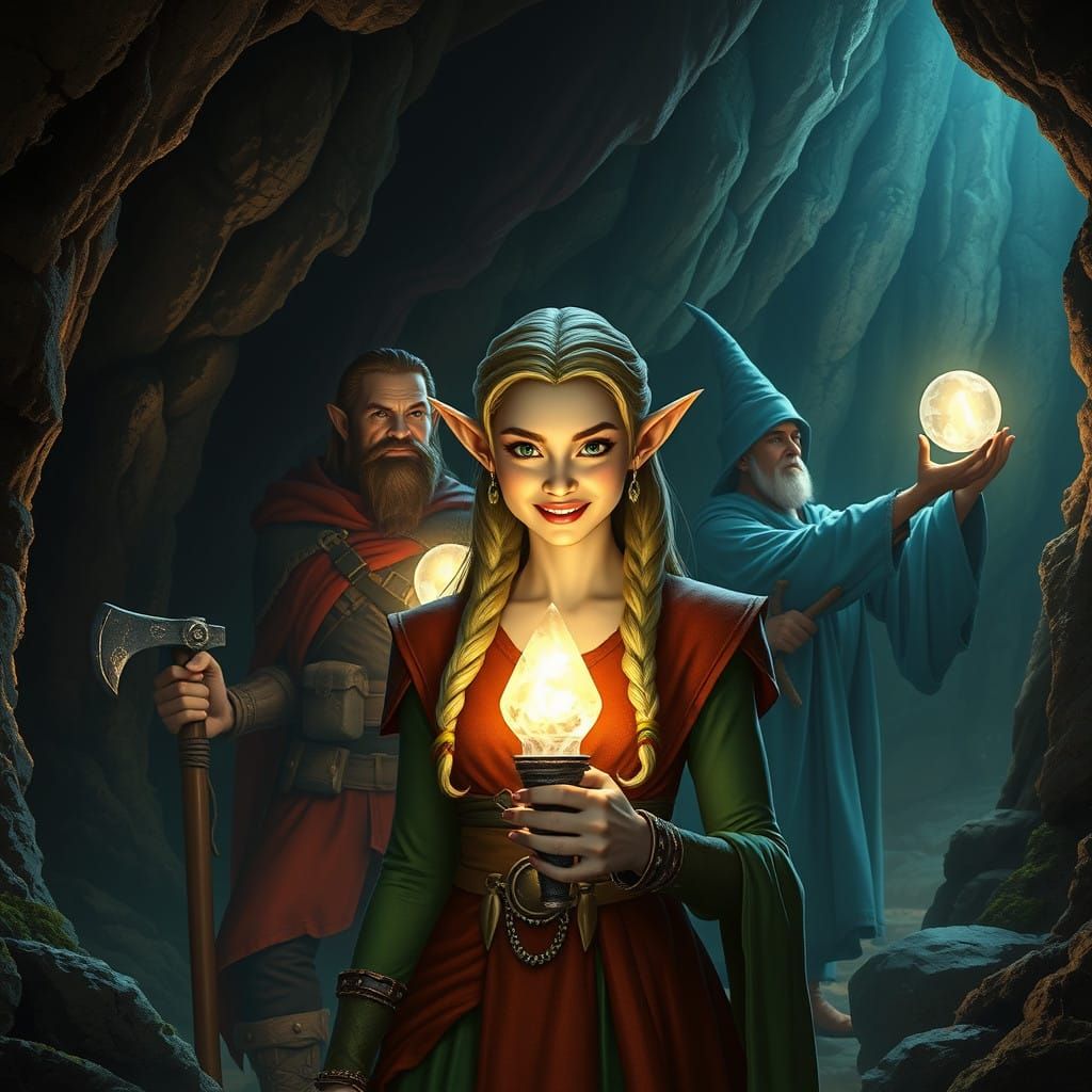 Mystical Cave Encounter in Hyperrealistic Style